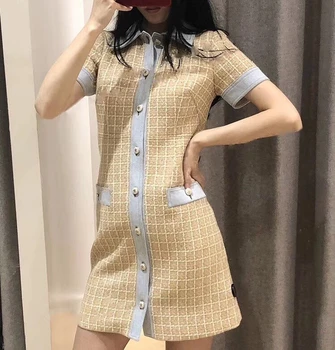 

2020 Spring and Summer New Small Fragrance Tweed Denim Stitching Short-Sleeved Dress Female