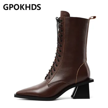 

GPOKHDS 2021 women Mid-calf boots cow leather winter short plush Pointed toe high heels female boots size 39