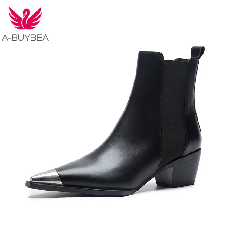 

Spring/Autumn Classic Design Black White Leather Pointed Toe Square heel Chelsea Boots Comfort Block Heel Women's Shoes