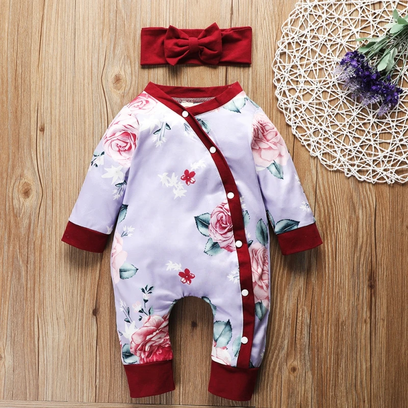 

0-18M Baby Boys Girls Rompers Long Sleeve Hair Band 2 Pcs Single Breasted Round Neck Floral Print Jumpsuit Spring And Autumn