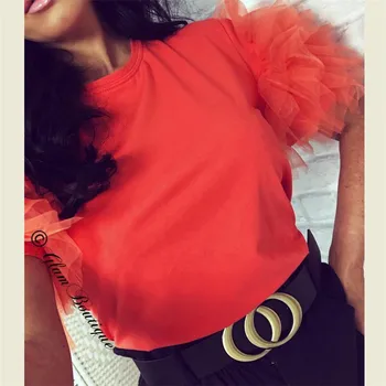 

Fashion Women Summer T-Shirt Tops Tee Tulle Mesh Ruffle Short Sleeve T Shirt Ladies Casual Solid Color Vintage Tshirts Tops Tee