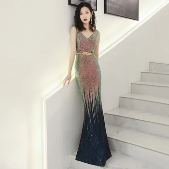 

Charming Blue Gradients Evening Party Dress Sexy V-neck Mermaid Dress Bling Sequins Banquet Dress Noble Slim Long Prom Gown