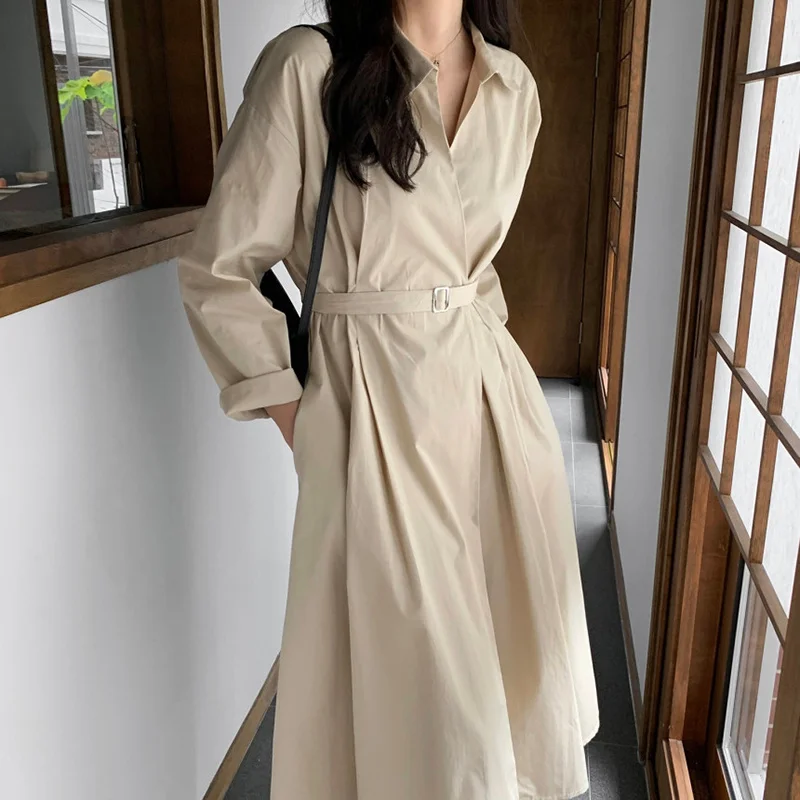 Korean Women's Dress Chic Autumn Minimalist Lapel Medium Length Bandage Waist Closed Long Sleeve Shirt Women | Женская одежда