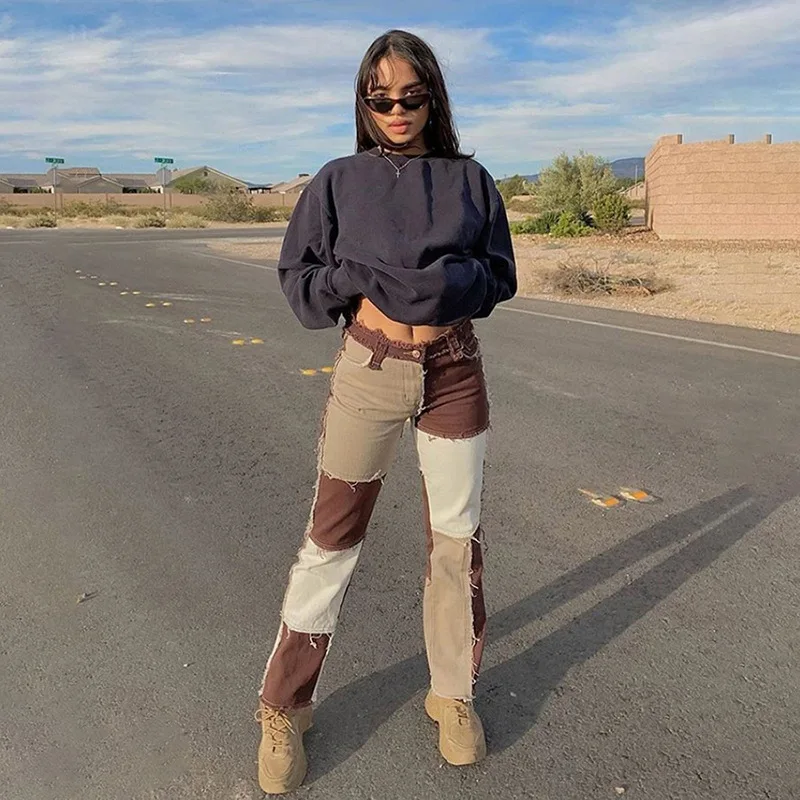 SIDDONS Jeans For Women Fashion Patchwork Jeans Baggy Pants Women Streetwear Cargo Pants High Waisted Denim Straight Trousers