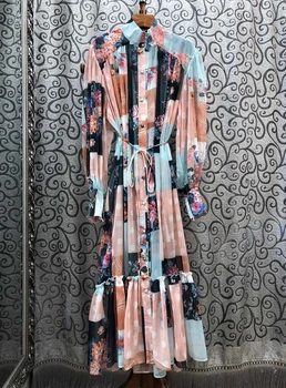 

2020 Spring and Summer New Women's Small Collar Floral Print Color Tie-Waist Long Sleeve Dress 413
