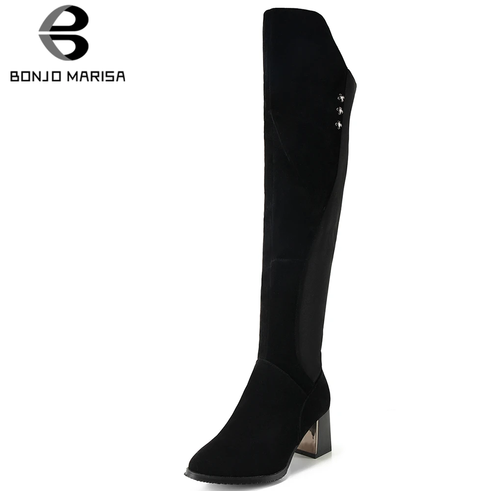 

BONJOMARISA Fashion 34-43 Knight Boots Office Lady Elegant slip-on Patchwork Knee High Boots Women 2020 High Heels Shoes Woman