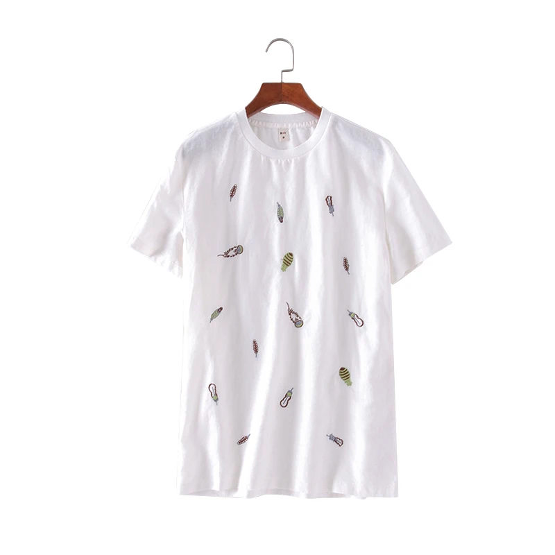 Вышитые Мультяшные летние мужские льняные рубашки с коротким рукавом Chemise Homme с круглым воротником, Мужская одежда, облегающий свободный тонкий пуловер - Цвет: Белый