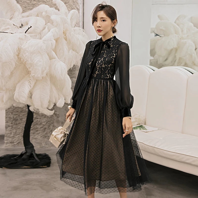 Online YIGELILA otoño moda mujer vestido de encaje negro mangas completas imperio Delgado tobillo longitud elegante vestido para la cena fiesta 65126