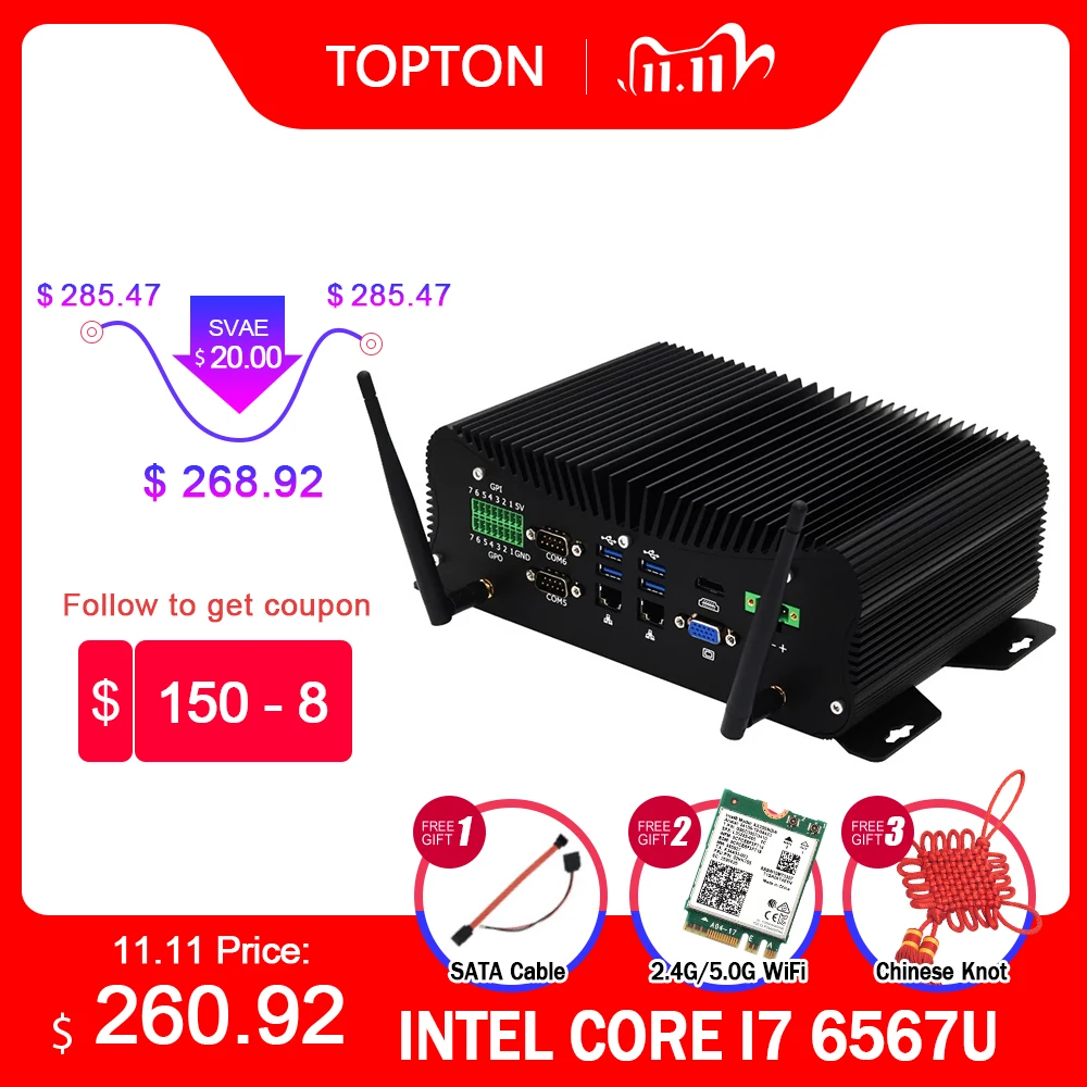 7x24 Hours Industrial Fanless Mini PC Intel i5-8250U i7-6567U Rugged Computer 6*COM 2*Lans 8*USB GPIO LPT PS/2 HDMI VGA 4G WiFi |