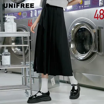 

Unifree high waist solid color medium long pleated A-line Knee Skirt children's 2020 spring new black skirt U201Q137Y1Y1