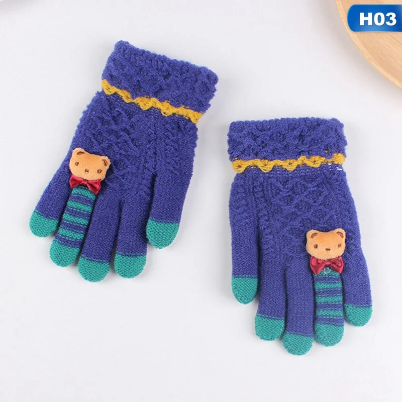 Зимние Детские перчатки с героями мультфильмов, теплые вязаные перчатки, толстые рукавицы с рисунком медведя и бантиком для детей 4-8 лет, детские перчатки - Цвет: GLV0576H03