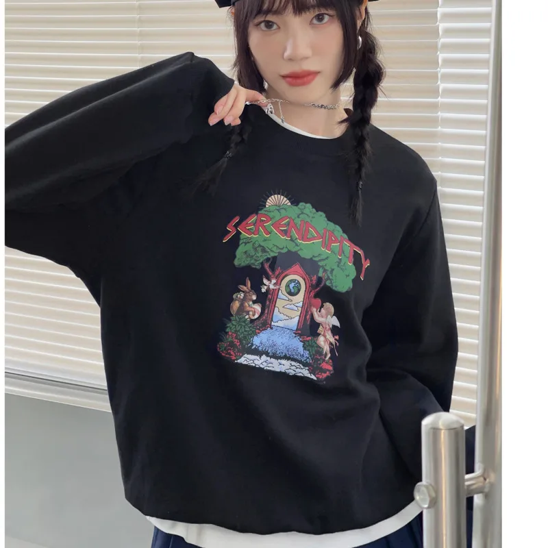 Women's Sweatshirts 2021 New Early Autumn Design Fairy Tale Pattern Printed Round Neck Long Sleeve Top | Женская одежда