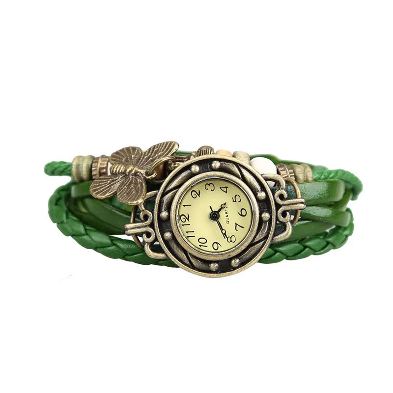 Женский Ретро браслет наручные часы переплетение с узором из искусственной кожи бабочки бисер кулон цепь MV66 - Цвет: Зеленый