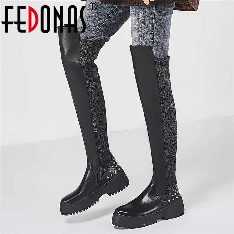 

FEDONAS 2020 Popular Patchwork Genuine Leather Women Over The Knee High Boots Rivets Motorcycle Boots Night Club Shoes Woman