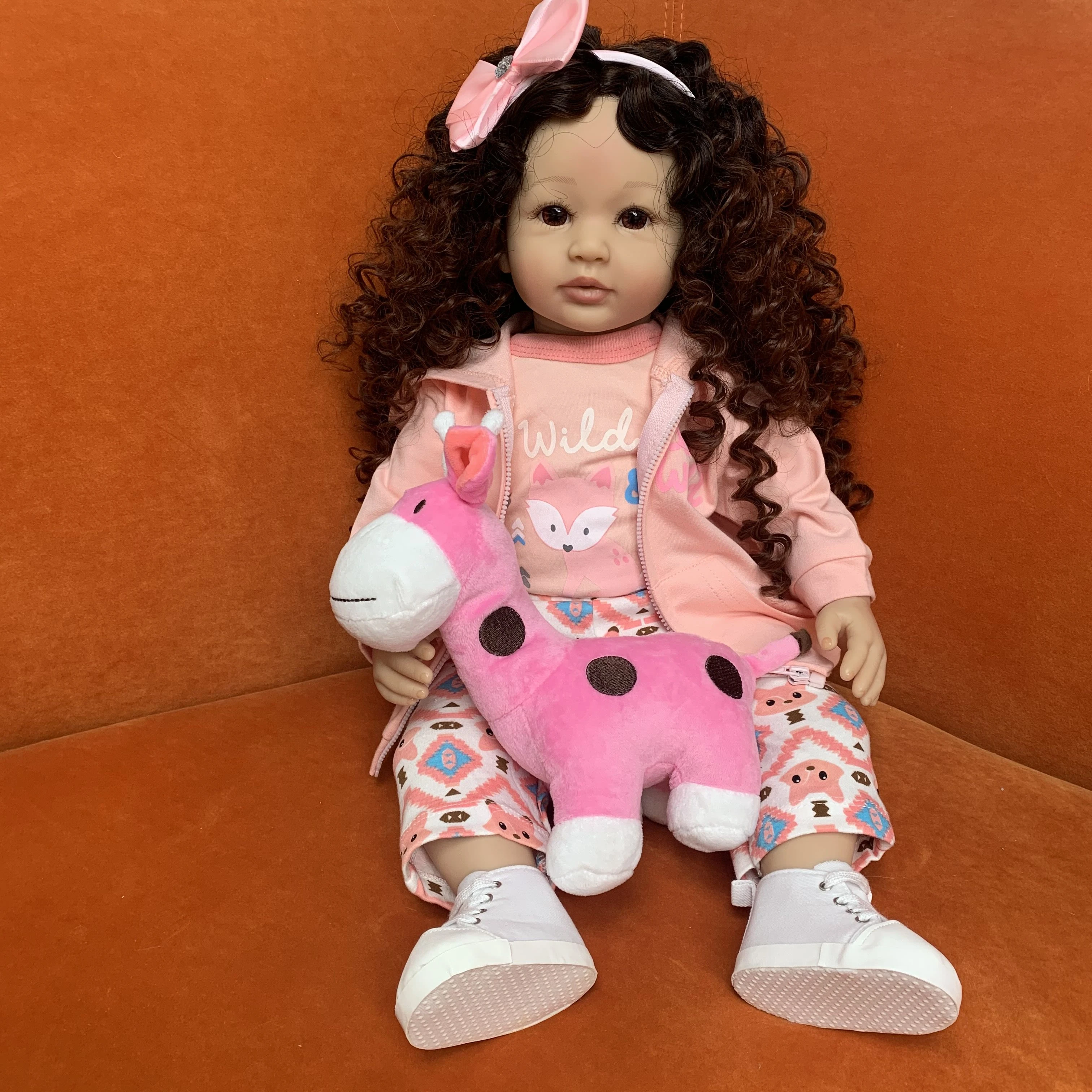 NPK 60CM reborn toddler baby doll pink princess with curly hair fashion  hoody dress lifelike soft touch cuddly baby Xmas Gift