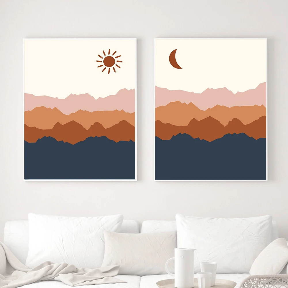 Paesaggio Astratto Moon Poster Sun Painting Poster Neutral Wall Art Canvas Print Mountain Nordic Wall Pictures Boho Home Decor