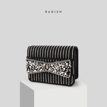 

Customized Radish Original Handmade Sewing Thread Rhinestone Beads Clutch Chain Crossbody Women's Bow Cover Small Square Bag