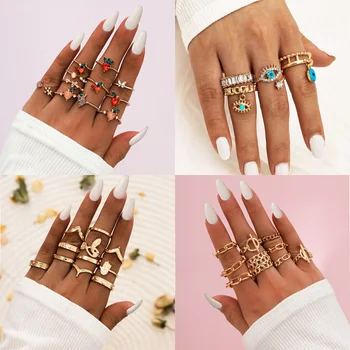 

Wgoud Bohemian Vintage Ring Sets Clear Crystal Stone Snake Fruit Chains Opening Ring For Women Jewelry Accessories