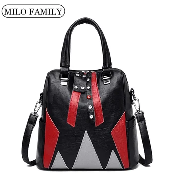 

2020 Patchwork Leather Backpack Multifunction Women Bagpack Multifunction Casual Girls Shopping Geometric Satchel Shoulder Bag