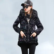 Зимняя парка куртка Женская мода блестки Хлопок пальто корейский нерегулярный подол большой размер тонкий с капюшоном Стеганое теплое Женское пальто 29
