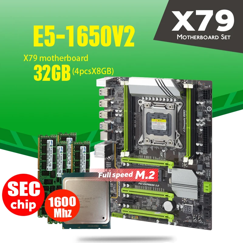 Материнская плата X79 Turbo LGA2011 ATX combos E5 1650 V2 4 шт. x 8 ГБ = 32 Гб 1600 МГц PC3 12800R PCI E NVME M.2 SSD USB3.0