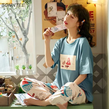 

Pajama Sets Women Summer Long-trousers High Quality Printed Kawaii Korean Style Students Womens All-match Fashion Chic 2pcs Set