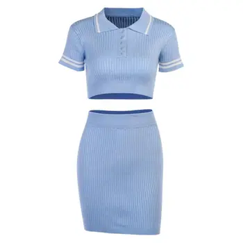 

Women Sexy Knitted Sweater Outfit Lapel Button Crop Top Skirt Bodycon Streetwear