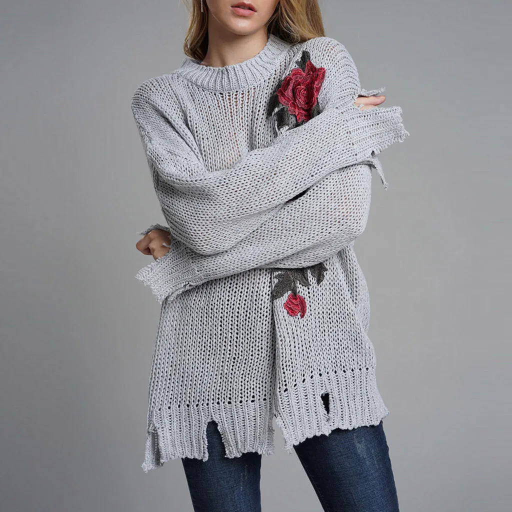 Womail sweater winter tops for women Floral Print Long Sleeve O-Neck Embroidered  sweater women women winter tops 816#2
