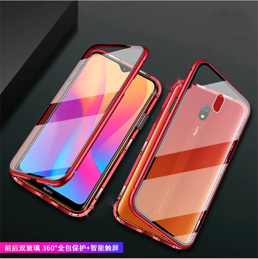 Двусторонний Магнитный чехол 360 с полной защитой для Xiaomi Redmi 8, задняя крышка из закаленного стекла для Xiaomi Redmi 8A Redmi 8, чехол - Цвет: red