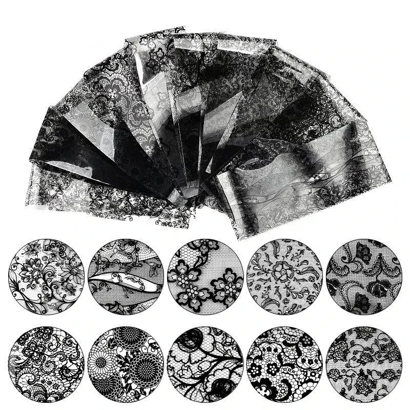 

10Roll/Set Nails Foil Stickers Black Lace Flowers Design Manicure Gel Polish 3D Nails Art Decorations Decals Manicure Tools