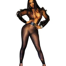 

Shining Diamonds Net Yarn Women Transparent Jumpsuits Black Feather Personality Long Sleeve Bodysuits Nightclub Stage Costumes