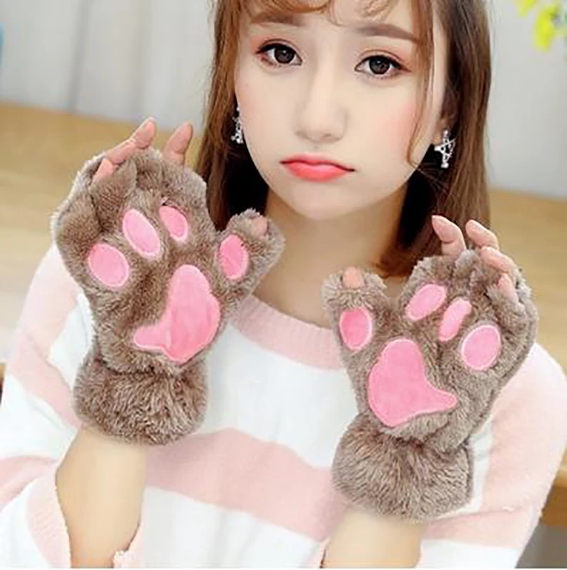 Fingerless Gloves Women Bear Plush Cat Paw