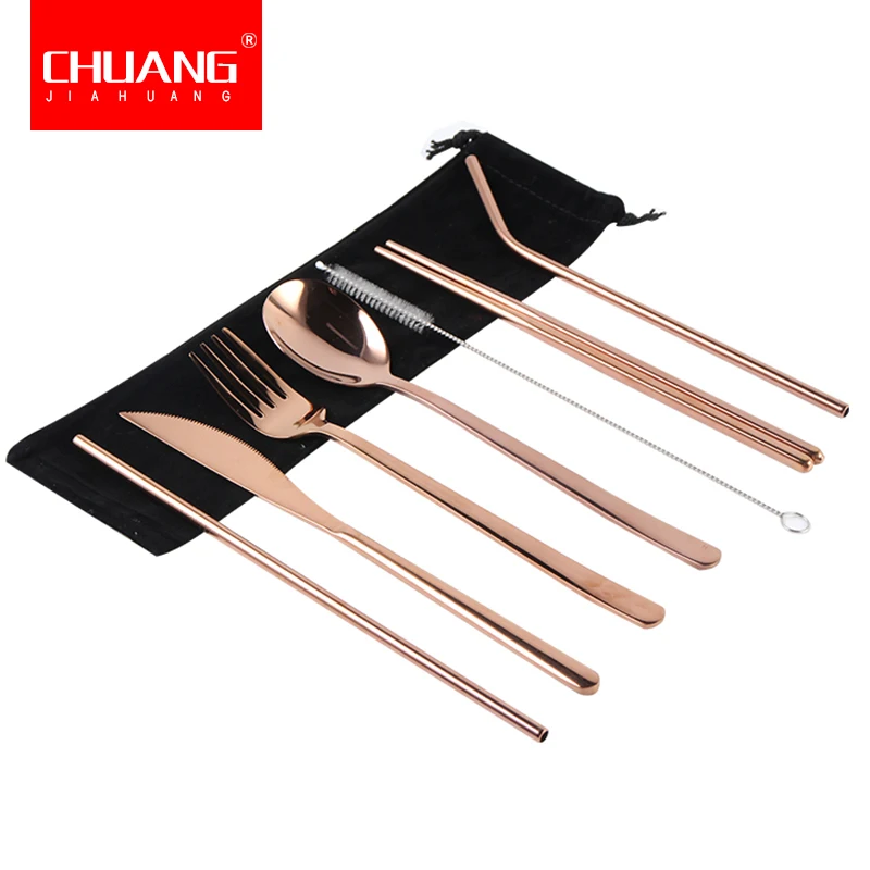 

7pcs/set Porta Gold Tableware Stainless Steel Cutlery Dinnerware Metal Knife Spoon Fork Chopstick Straw Tableware Dinnerware Kit
