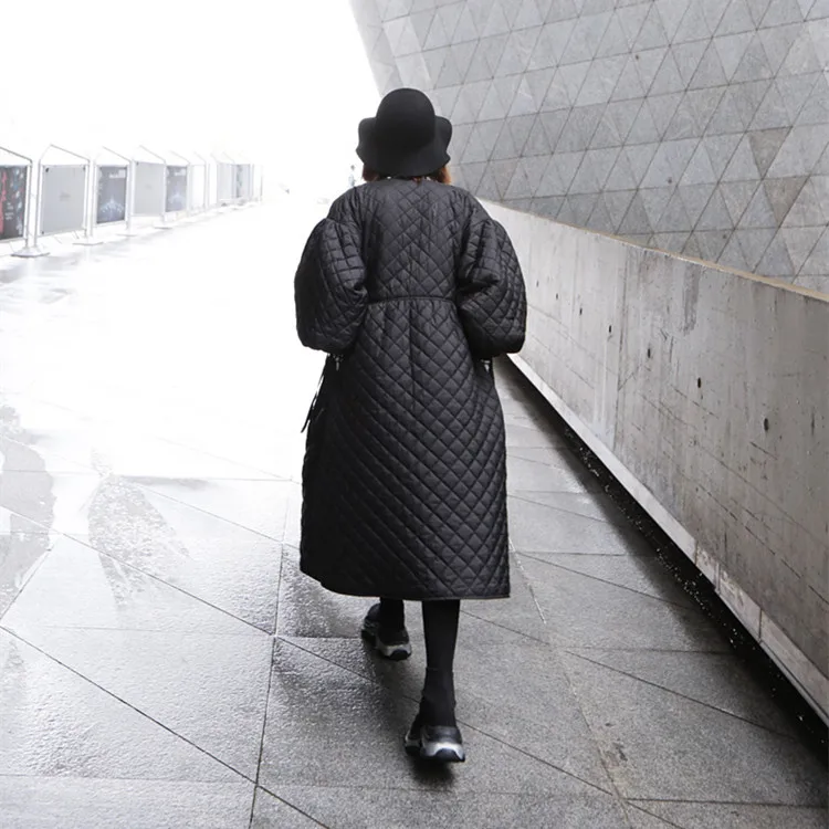 Новинка, зимнее женское пальто большого размера, винтажный буф с рукавами, клетчатая парка, Корейская черная хлопковая куртка, осеннее пальто, уличная одежда