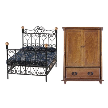 

1:12 Scale Vintage Wooden Wardrobe Dolls House & Bedroom Furniture Metal Bed with Mattress Accessory Toy Black