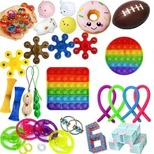 

28pc Fidget Sensory Toys Set Push Popits Bubble Popper Poppet Toy Pack Box Mochi Squeeze Bean Pean Ball Stress Relief Toy Bundle