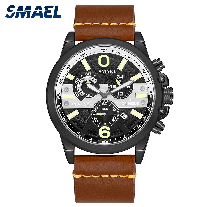 

SMAEL Casual Men Watch 2021 Auto Date Leather Strap Quartz Watches Men Waterproof 30M Fashion Creative Wristwatches 9010