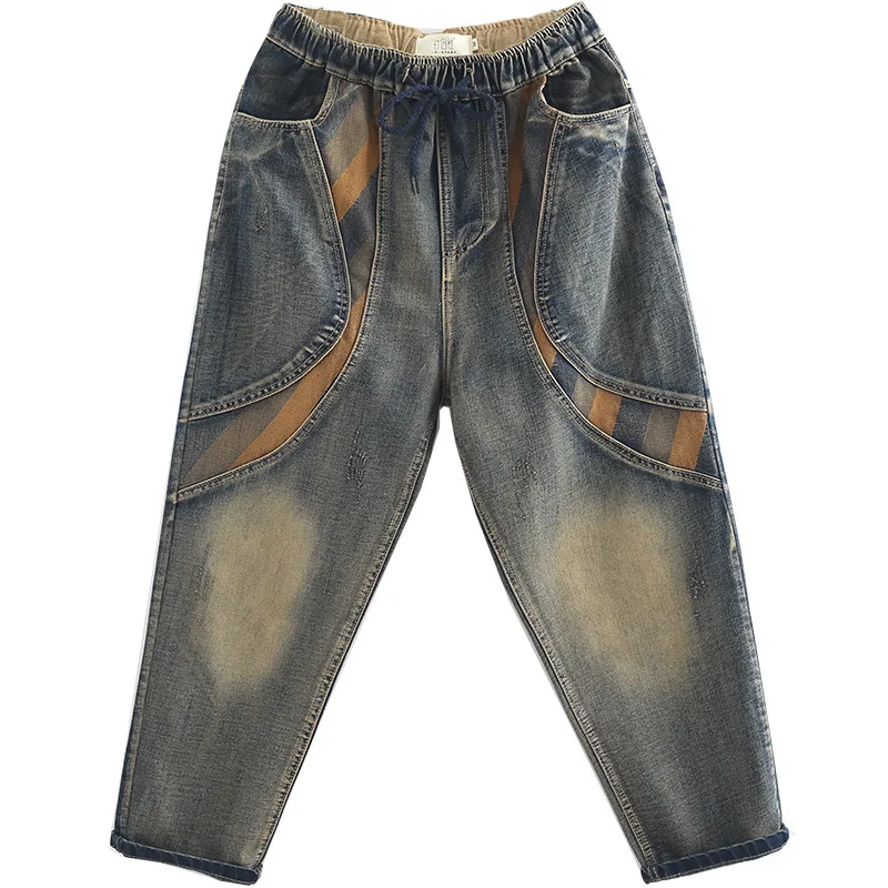 

OMIKRON Design Women Vintage Loose Casual Cotton Denim boyfriend Jeans Harem Pants Ladies Elastic High Waist Patchwork Trousers