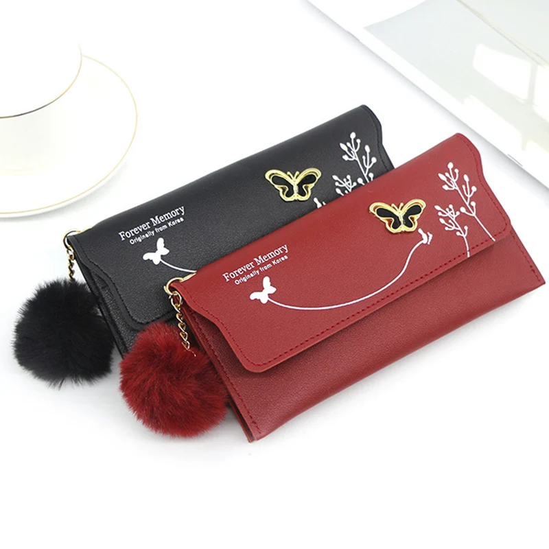Elegant Women's Solid Color Fur Ball Wallet - PU Leather Long Wallet with Butterfly Card Holder Purse