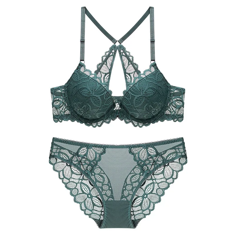 

[ALFOU] brand high quality Women's Underwear Sets Gather Sexy Lace Bra Suits Front Closure Solid color Push-up bra 3/4 Cup