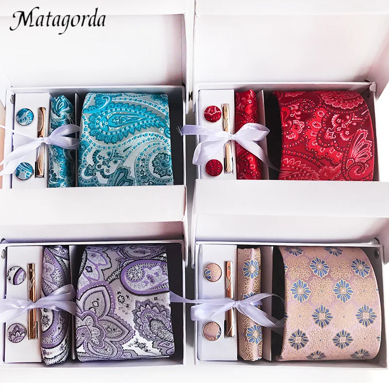 

Высококачественный мужской комплект из галстука 100% шелк Галстук Пейсли Цветочный Узор Галстук + запонки + носовой платок + зажим для галстука подарочная коробка набор упаковочный носовой платок