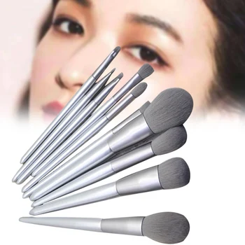 

10Pcs Silver Makeup Brush Set Premium Synthetic Makeup Brushes Foundation Powder Blending Concealer Eye Shadows Blushes M3