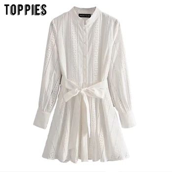 

2020 White Embroidery Mini Dress women summer long sleeve cotton shirt dress hollow out blouses