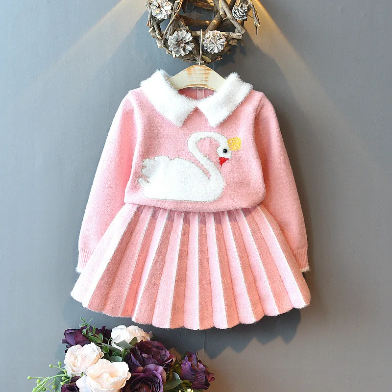 Одежда для маленьких девочек комплект со свитером для девочек, детский вязаный костюм принцессы, свитер теплый свитер для девочек, юбка От 2 до 6 лет из двух предметов#0064 - Цвет: Розовый