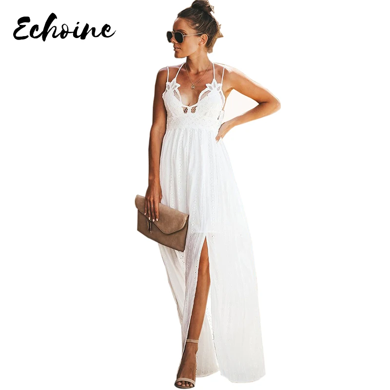 

Echoine Black Essence of Beauty Cotton Pocket Maxi Dress Sexy Criss Cross Skinny Straps V Neck Embroidered Side Split Dresses