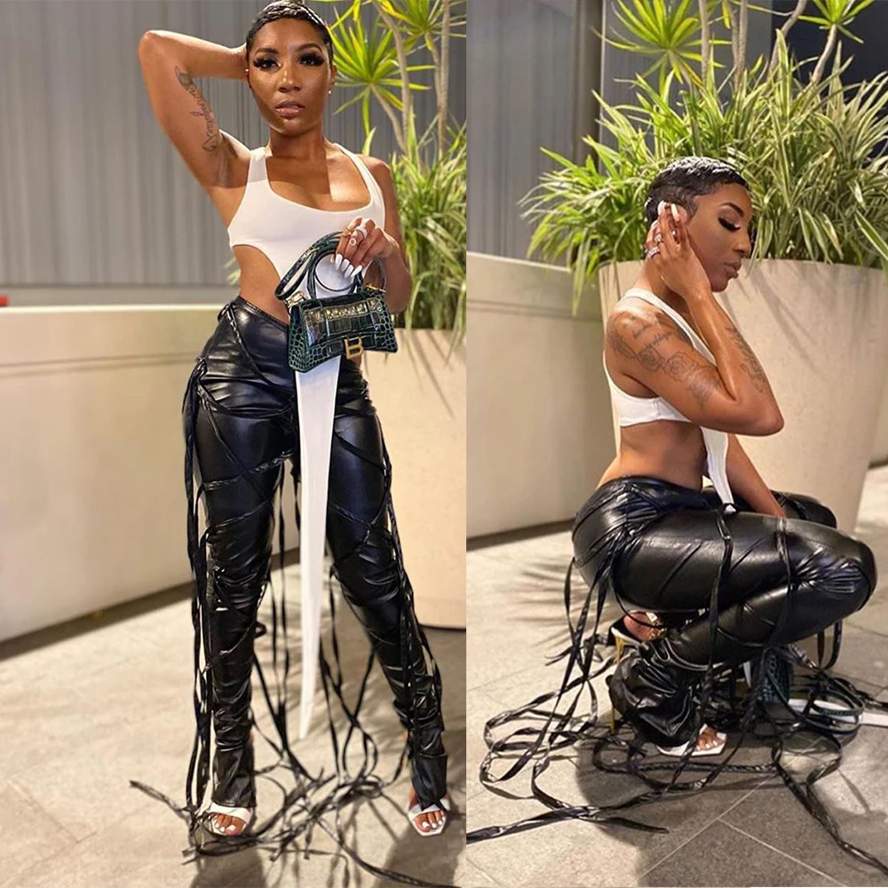 Women Pu Leather Pants With Strings All 