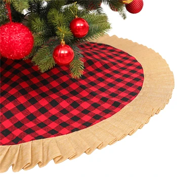 

2020 New Christmas Tree Skirt Red Black Plaid with Pleated Trim Tree Mat Xmas Decor for Indoor Outdoor Party Decoration
