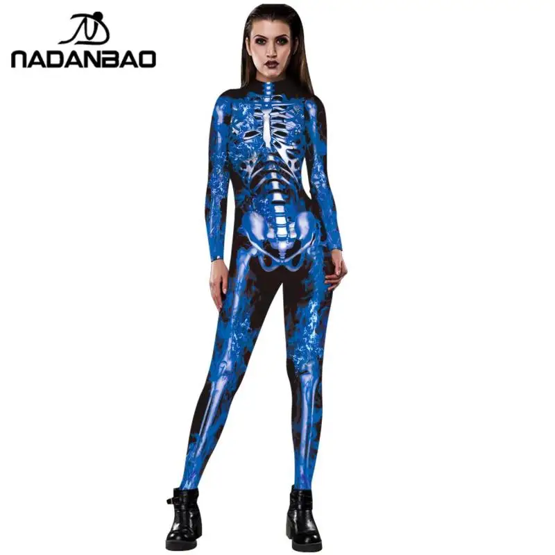 Rose Skeleton Costume Jumpsuit 3D Print Scary Halloween Costumes For Women Mechanical Skull Bodysuit