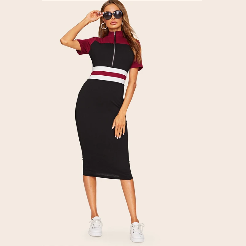 SweatyRocks Colorblock половина толстовка на молнии платье женские облегающие платья карандаш одежда для активного отдыха женское летнее длинное платье