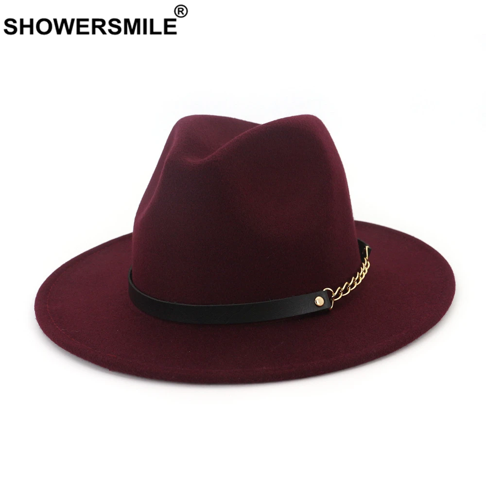 SHOWERSMILE шерстяная фетровая шляпа для женщин и мужчин, классическая шляпа Трилби с цепочкой, однотонная серая, верблюжья, осенне-зимняя мужская, женская шляпа со свининой